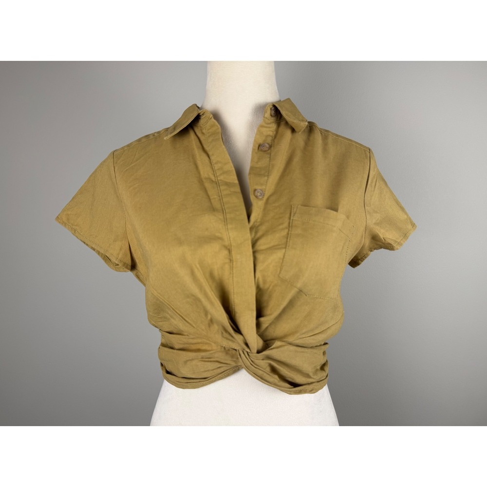 Free People Crop Top Twist Front XS Mustard Yellow Boho Short Sleeve Shirt